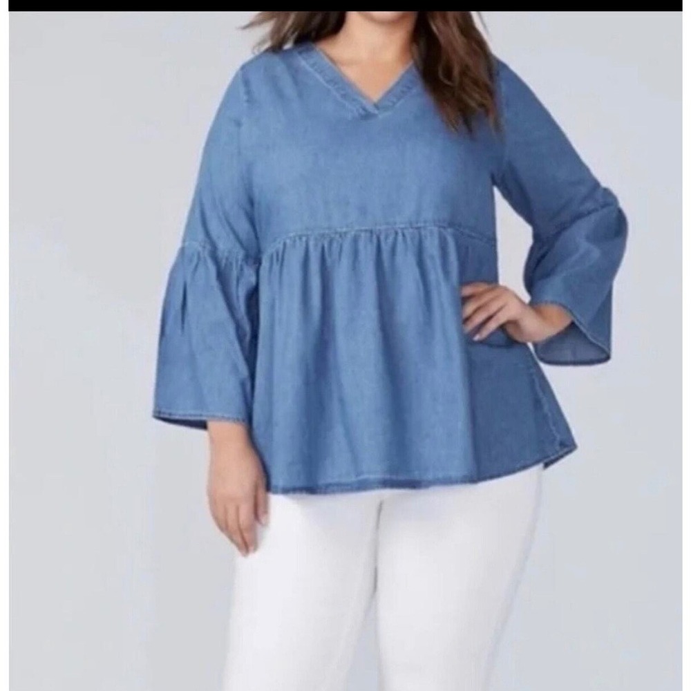 Lane Bryant Womens Blue Denim V-Neck Bell Sleeve Babydoll Tunic Top Plus SZ22/24